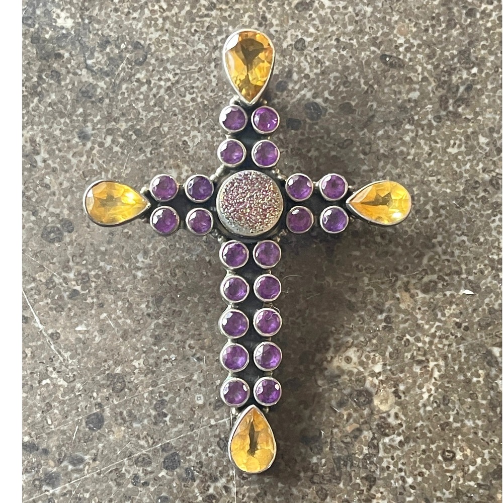 Nicky Butler 925 Sterling Silver Amethyst Citrine Druzy Cross Pendant 3" Retired